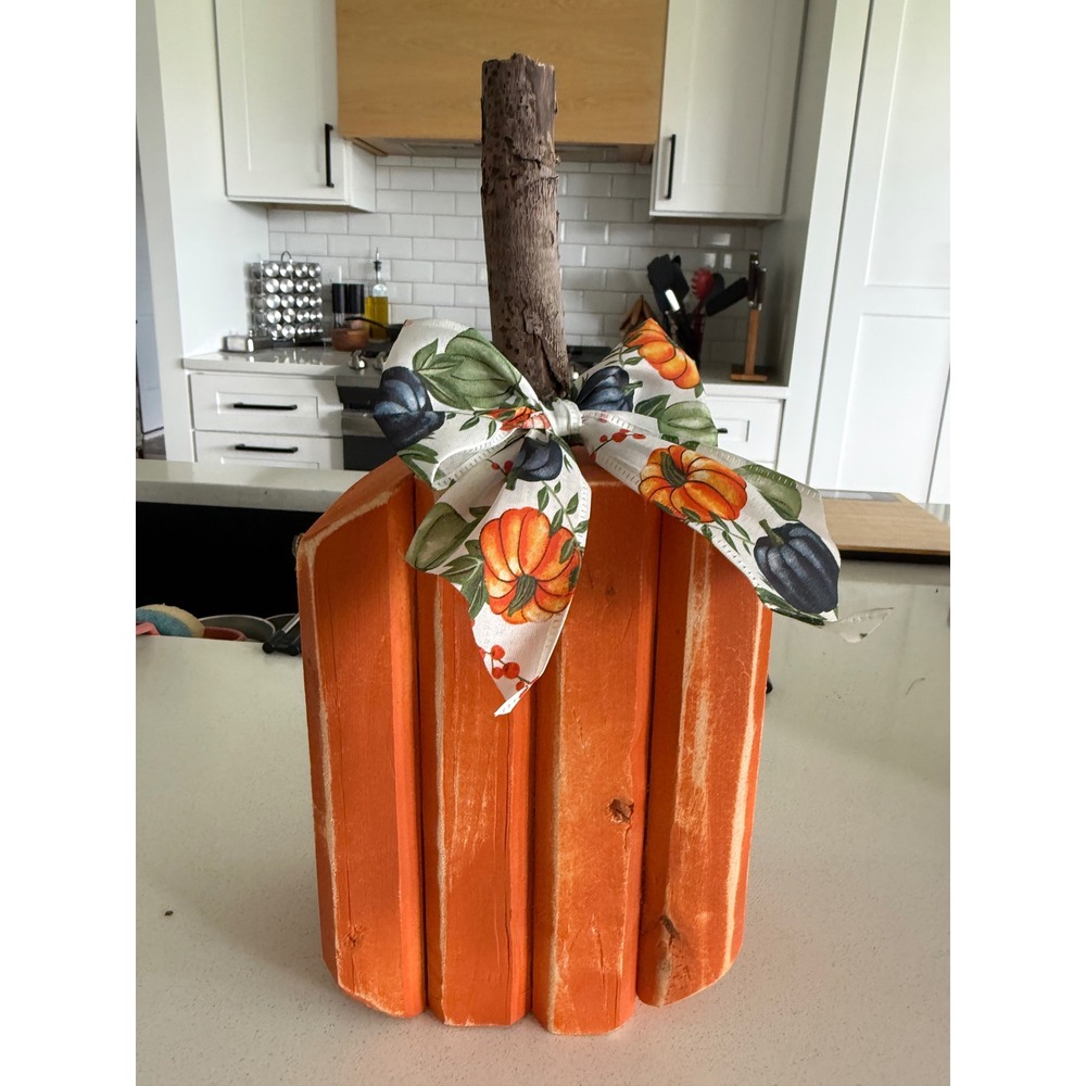 Rustic Wooden Pumpkin Decor Farmhouse Fall Figurine Distressed Orange 12.5in